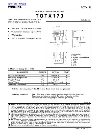 Toshiba TOTX170 Fiber Optic Transmitting Module Manual - cover page