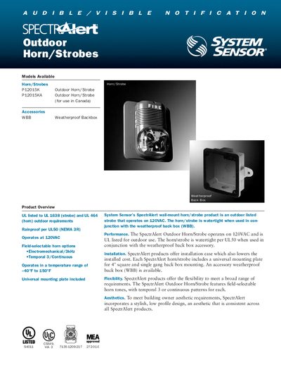 System Sensor SpectrAlert Outdoor Horn/Strobe P12015K/P12015KA Product Data Sheet - cover page