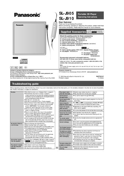 Panasonic SL-J905/SL-J910 Portable CD Player Operating Instructions - cover page