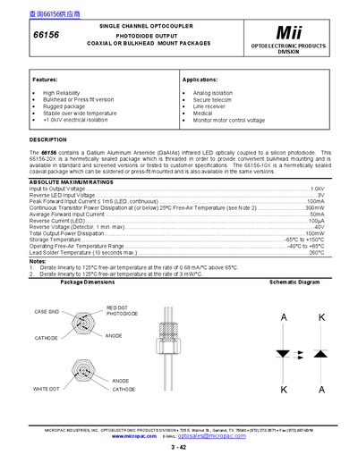 Micropac Industries 66156 Single Channel Optocoupler Datasheet - cover page
