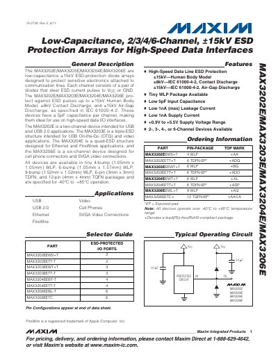 Maxim MAX3202E/MAX3203E/MAX3204E/MAX3206E Low-Capacitance ESD Protection Diode Array Datasheet - cover page