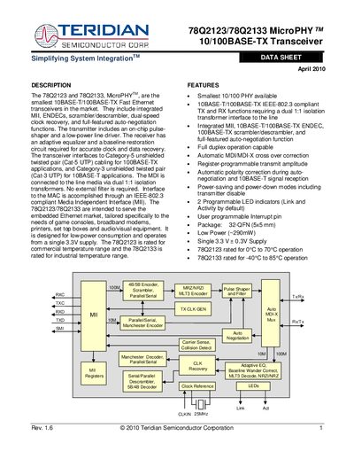 Teridian 78Q2123/78Q2133 MicroPHY 10/100BASE-TX Transceiver Data Sheet - cover page