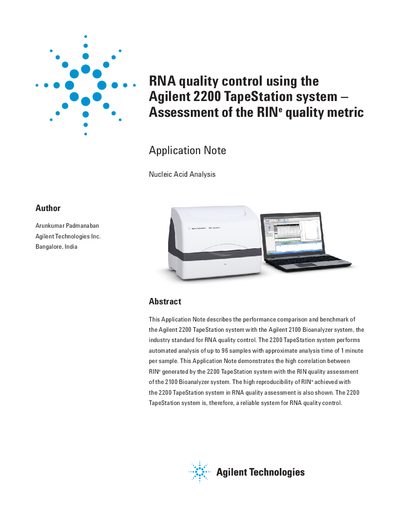 Agilent 2200 TapeStation RNA Quality Control Application Note - cover page