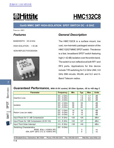 Hittite HMC132C8 SMT High-Isolation SPDT Switch Datasheet - cover page