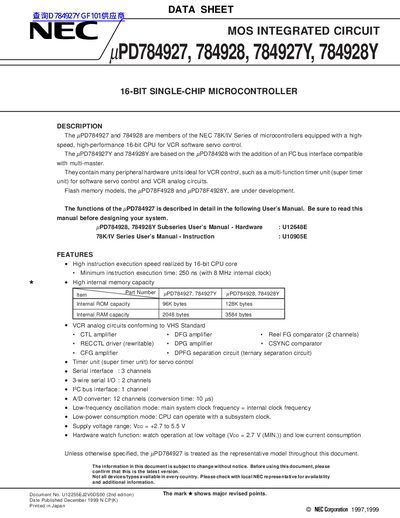 NEC PD784927/PD784928/PD784927Y/PD784928Y Datasheet - cover page