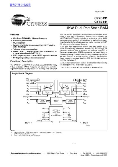 Cypress Semiconductor CY7B131 Dual-Port Static RAM Datasheet - cover page