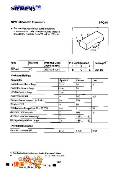NXP BFQ 64 NPN Silicon RF Transistor Datasheet - cover page