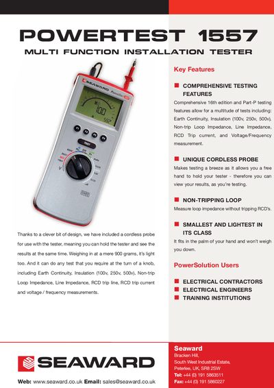 Seaward PowerTest 1557 Multi Function Installation Tester Product Leaflet - cover page