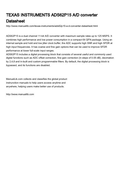 Texas Instruments ADS62P15 Dual Channel A/D Converter Datasheet - cover page