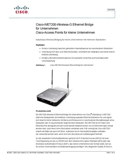 Cisco WET200 Wireless-G Ethernet Bridge Datasheet - cover page