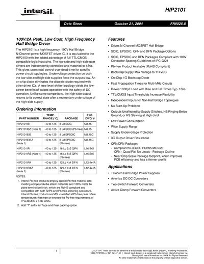 Intersil HIP2101 Half Bridge Driver Datasheet - cover page