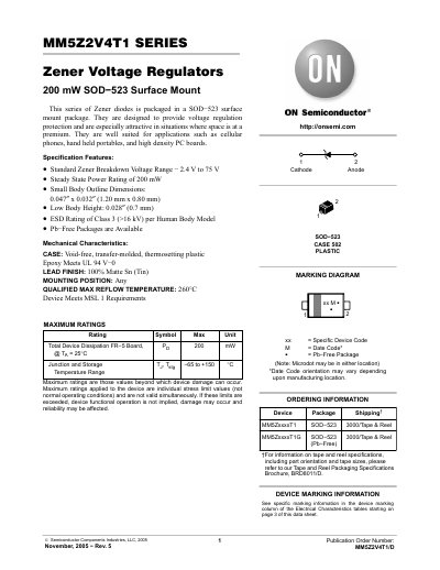 ON Semiconductor MM5Z2V4T1 Series Zener Voltage Regulator Datasheet - cover page
