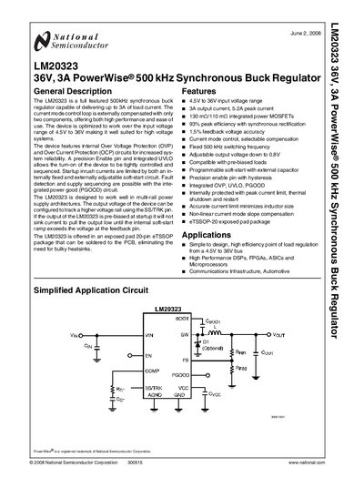 National Semiconductor LM20323 36V 3A PowerWise 500 kHz Synchronous Buck Regulator Datasheet - cover page