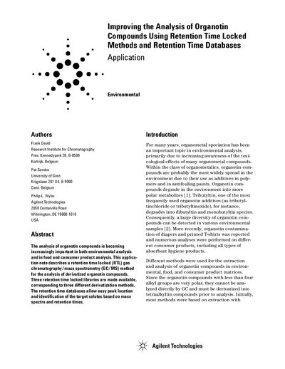 Agilent Improving the Analysis of Organotin Compounds Using Retention Time Locked Methods and Databases - cover page