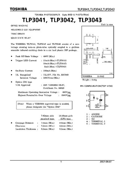 Toshiba TLP3041/TLP3042/TLP3043 Photocoupler Datasheet - cover page