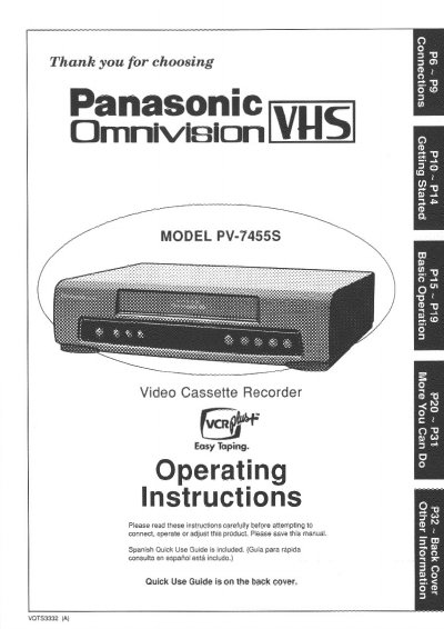 Panasonic PV-7455S Video Cassette Recorder Operating Instructions - cover page