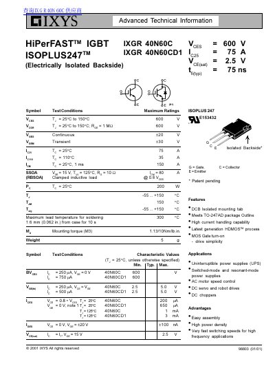 IXYS IXGR 40N60C IXGR 40N60CD1 HiPerFAST IGBT ISOPLUS247 (Electrically Isolated Backside) handbook - cover page