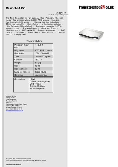 Casio XJ-A155 Projector Product Leaflet - cover page