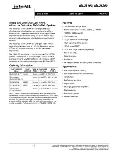 Intersil ISL28190 / ISL28290 Operational Amplifier Datasheet - cover page