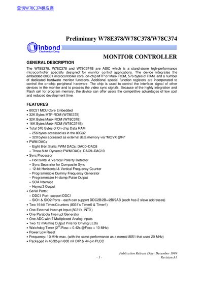 Winbond W78E378/W78C378/W78C374 Monitor Controller Preliminary Specification - cover page