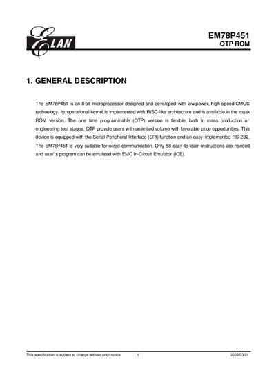 ELAN EM78P451 OTP ROM Datasheet