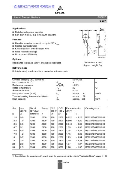 EPCOS B57237 Inrush Current Limiters Datasheet - cover page
