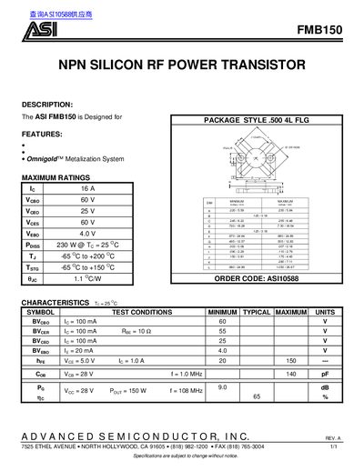 ASI FMB150 NPN Silicon RF Power Transistor Datasheet - cover page