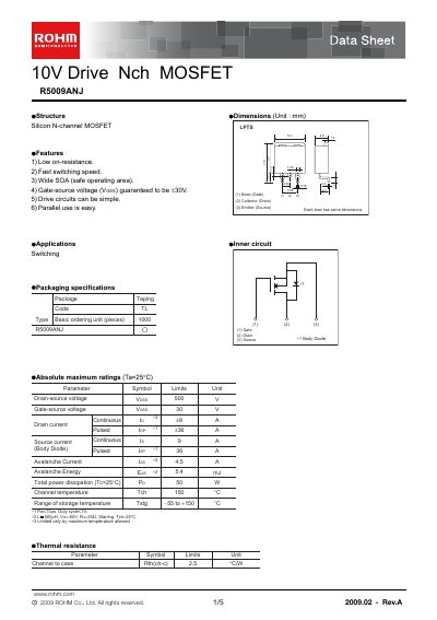 ROHM R5009ANJ N-Channel MOSFET Datasheet - cover page