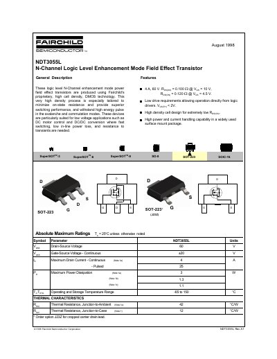 Fairchild Semiconductor NDT3055L N-Channel Logic Level Enhancement Mode Field Effect Transistor Datasheet - cover page