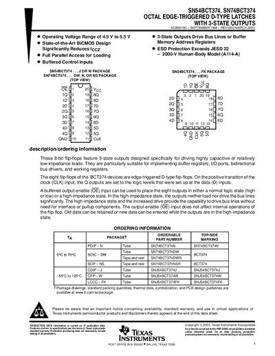 Texas Instruments SN54BCT374 Octal D-Type Latch with 3-State Outputs Datasheet - cover page