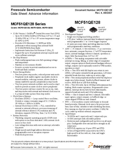 Freescale MCF51QE128 Series Data Sheet - cover page