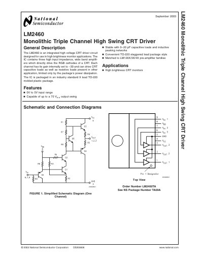 National Semiconductor LM2460 Triple Channel High Swing CRT Driver Datasheet - cover page