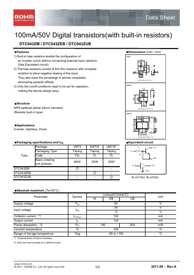 ROHM DTC043ZUB Datasheet - cover page