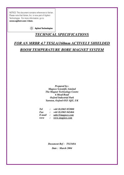 Magnex MRBR 4.7 Tesla 160mm Actively Shielded Magnet Technical Specifications - cover page