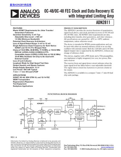 Analog Devices ADN2811 Clock and Data Recovery IC Datasheet - cover page