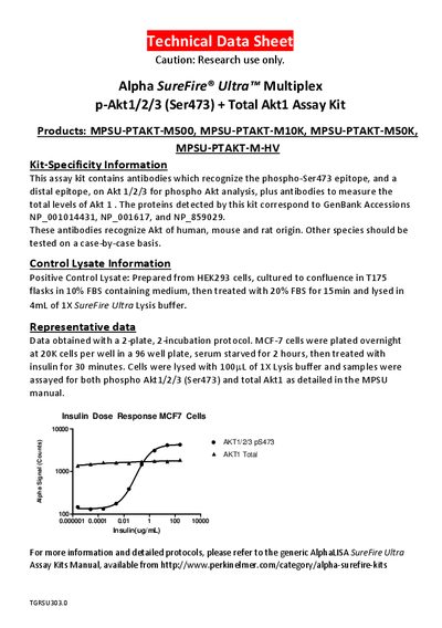 Alpha SureFire Ultra Multiplex p-Akt1/2/3 + Total Akt1 Assay Kit Technical Data Sheet - cover page