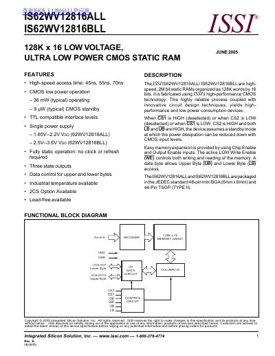 ISSI IS62WV12816ALL/IS62WV12816BLL 128K x 16 Static RAM Datasheet - cover page