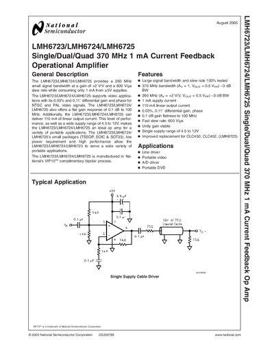 NATIONAL SEMICONDUCTOR LMH6723/LMH6724/LMH6725 Single/Dual/Quad 370 MHz 1 mA Current Feedback Operational Amplifier Manual - cover page