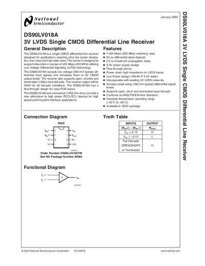 National Semiconductor DS90LV018A LVDS Line Receiver Datasheet - cover page