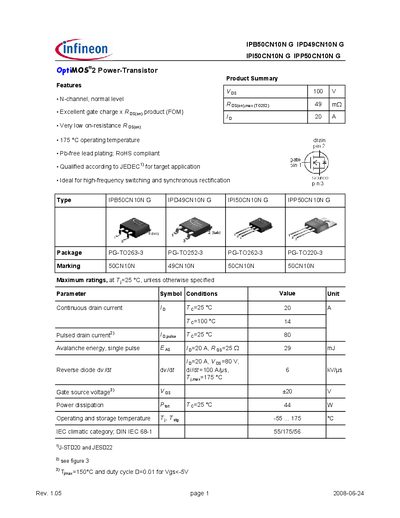 Infineon IPB50CN10N G, IPD49CN10N G, IPI50CN10N G, IPP50CN10N G Datasheet - cover page