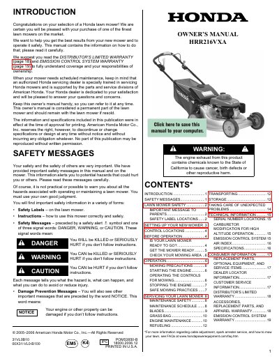 Honda HRR216VXA Rotary Mower Owner's Manual - cover page