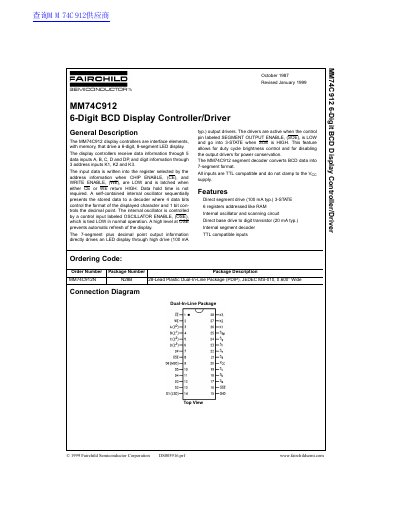 Fairchild MM74C912 6-Digit BCD Display Controller Datasheet - cover page