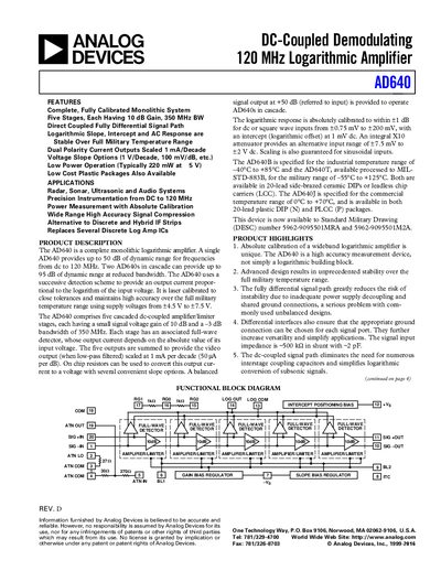 AD640 120 MHz Logarithmic Amplifier Datasheet