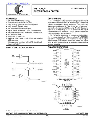 IDT IDT49FCT3805/A Fast CMOS Buffer/Clock Driver Datasheet - cover page