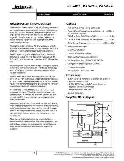 Intersil ISL54003/ISL54005/ISL54006 Integrated Audio Amplifier Systems Datasheet - cover page