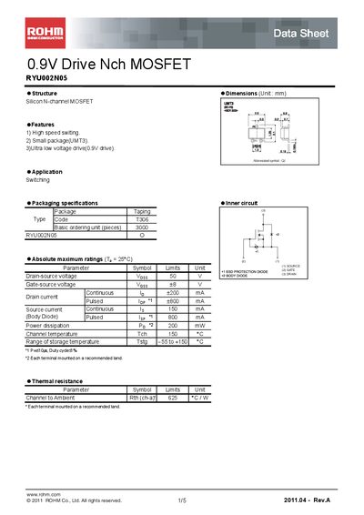ROHM RYU002N05 N-Channel MOSFET Datasheet - cover page