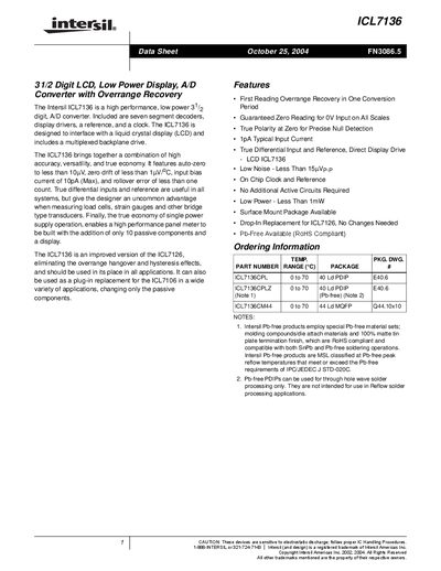 Intersil ICL7136 Data Sheet - cover page
