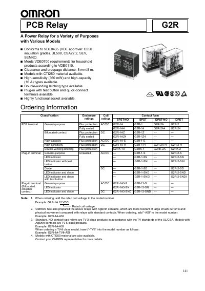 Omron G2R PCB Relay Product Manual - cover page
