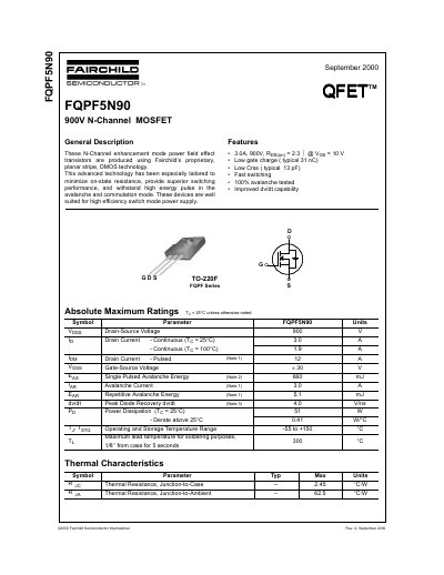 Fairchild Semiconductor FQPF5N90 900V N-Channel MOSFET Datasheet - cover page