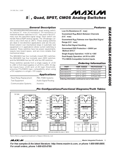 Maxim MAX4604/MAX4605/MAX4606 Quad Analog Switch Datasheet